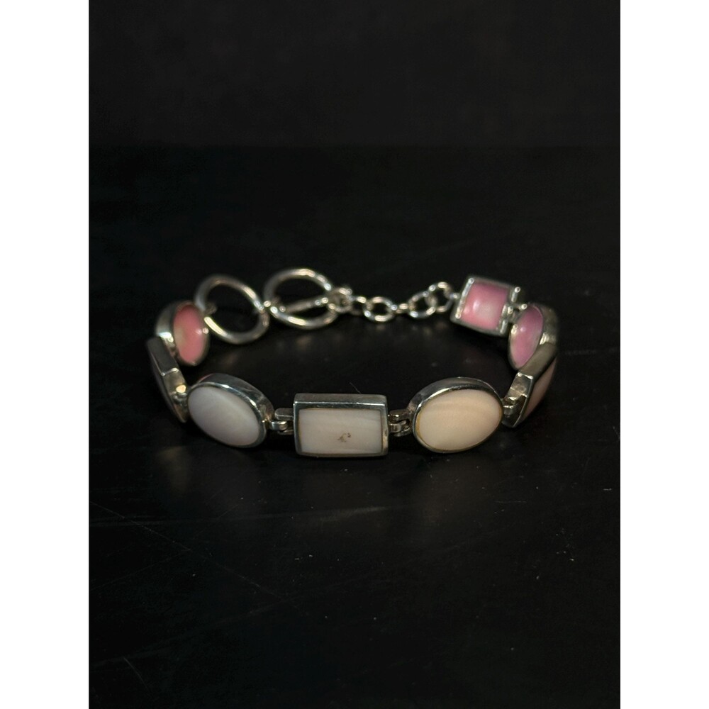 Collins Fine Jewelry CFJ 925 Sterling Pink White Cabochon Bracelet 7.5 Inch